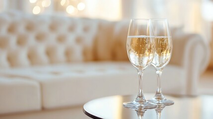 Sophisticated Toast with Glamorous Glasses of Sparkling Wine in Chic Living Room Setting : Generative AI