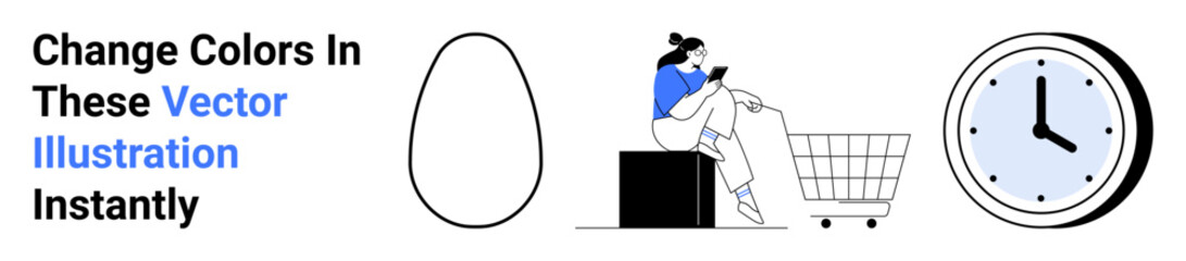 Woman browsing on tablet seated near shopping cart, minimalist egg shape, and clock. Ideal for e-commerce, time management, online shopping, minimalism, digital marketing, convenience flat landing