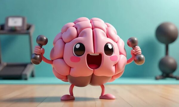 A 3D illustration of a cute, cartoonish, anthropomorphized brain with a cheerful expression, small limbs, and tiny dumbbells, exercising in a pastel-colored gym setting with a smooth, toy-like texture