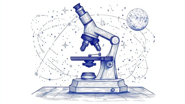 Blue Ink Microscope Illustration Against Starry Night Sky - Powered by Adobe