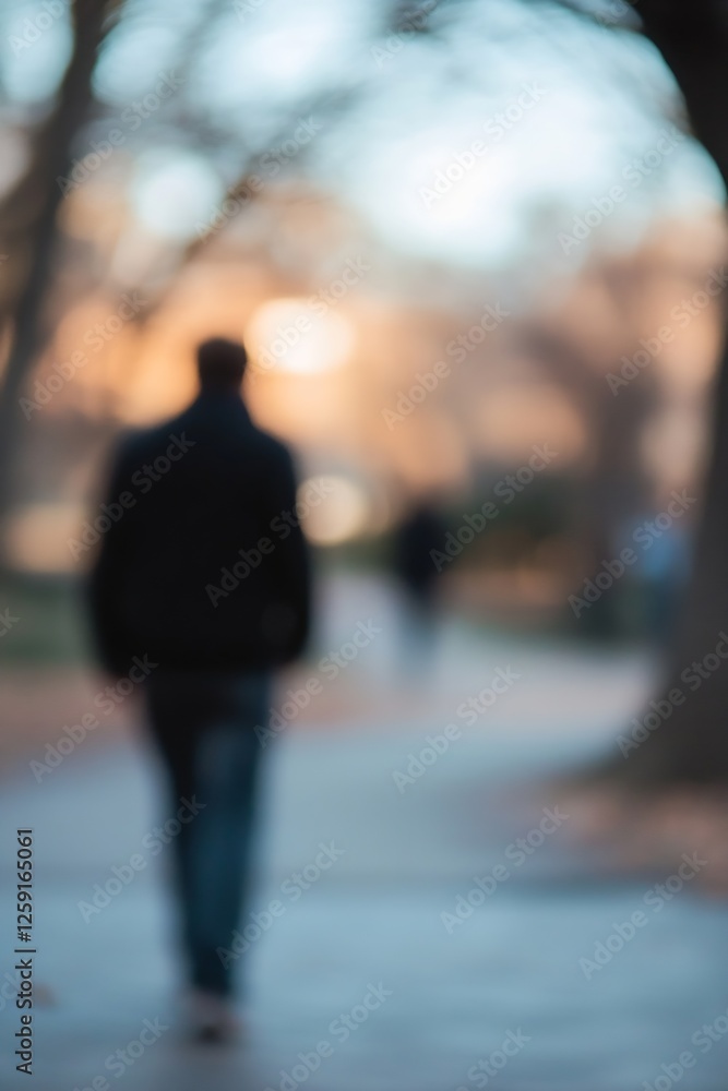 Poster Blurred figure walking through a park during sunset creating a sense of isolation and tranquility : Generative AI