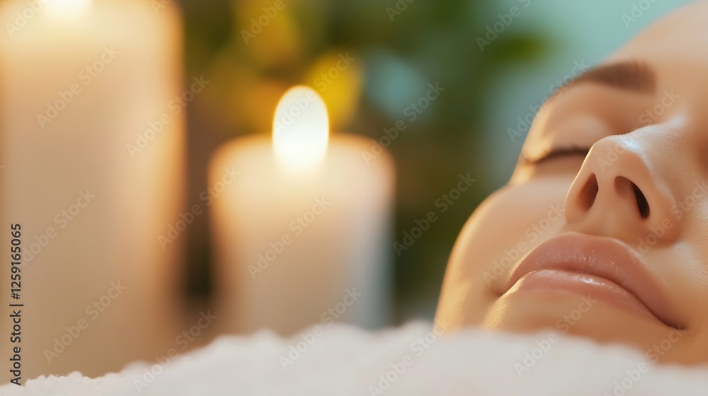 Poster close up of relaxed woman enjoying spa with scented candles and soft lighting : generative ai