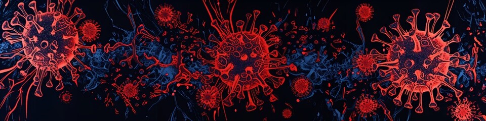 Coronavirus molecules in red and blue colors on dark background, panoramic view. Covid infection microscopic structure. Medical virus model for scientific research