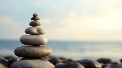 Fototapeta premium Tranquil Stacked Stones with Soothing Sea Shoreline and Gentle Waves : Generative AI