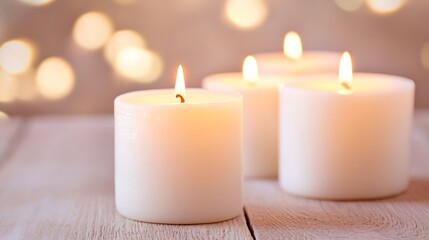 Glimmering white candles lit on a rustic wooden table with blurred bokeh background : Generative AI