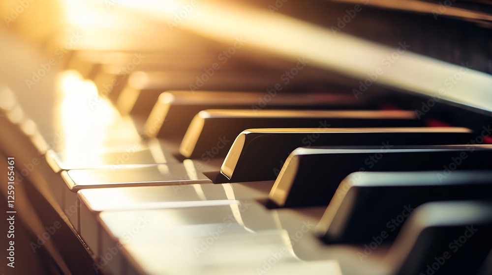 Poster close up of piano keys illuminated by soft sunlight creating a serene musical atmosphere : generativ