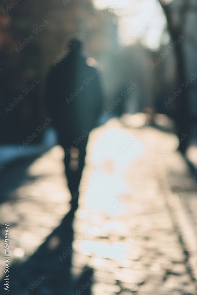Poster blurred silhouette of a person walking on a sunlit pathway evoking mystery and reflection : generati