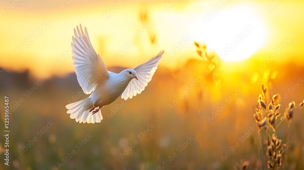Poster white dove flying gracefully at sunset with golden light and soft clouds : generative ai