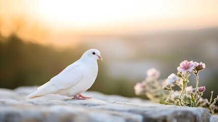 Fototapeta premium White dove standing gracefully beside flowers in a soft sunset background : Generative AI