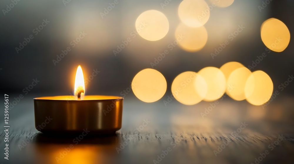Fototapete glowing candle on a wooden surface creating a warm and inviting atmosphere with bokeh lights : gener