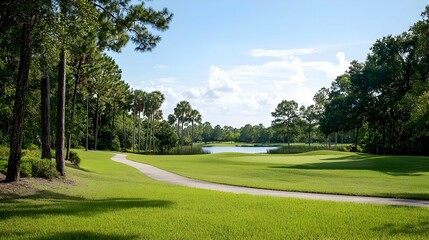 Naklejka premium Scenic Golf Course Pathway With Lake View