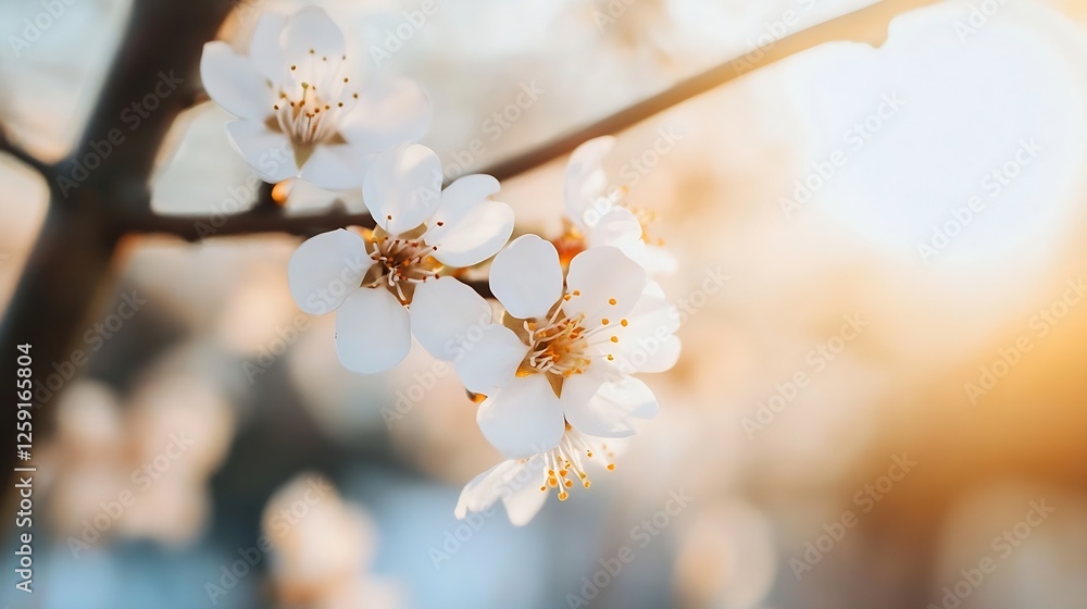 Poster beautiful white blossoms on a branch in soft golden light of spring : generative ai