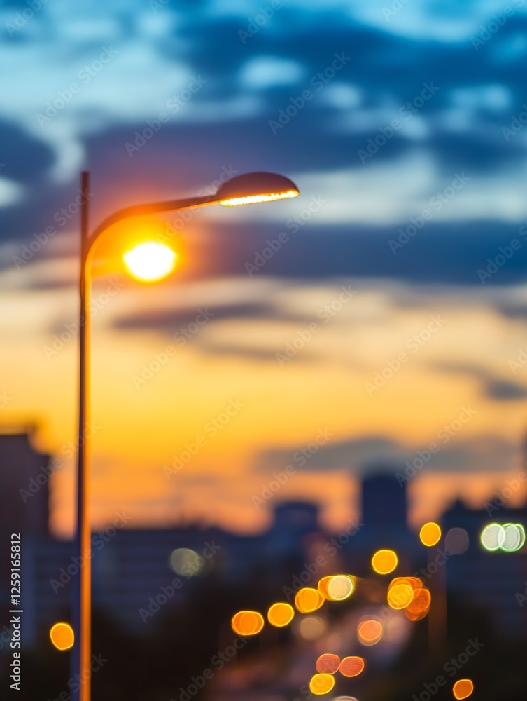 Aufkleber mysterious night city scene with street lamp illuminated and blurred urban background bokeh effect :