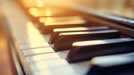 Close up of piano keys illuminated by soft sunlight creating a serene musical atmosphere :...