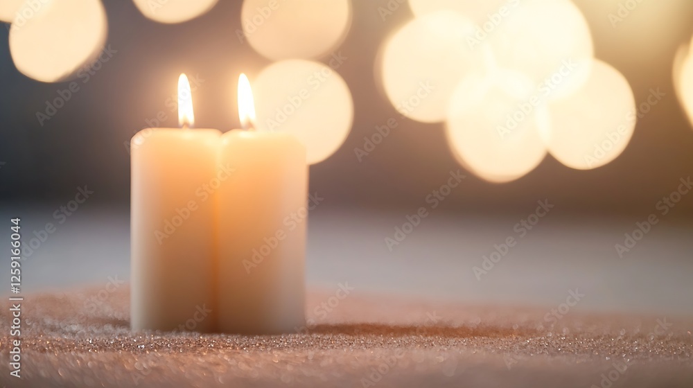 Aufkleber two white candles burning in soft focus with blurry background of warm light bokeh : generative ai