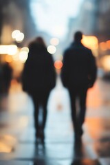 Blurry Silhouette of Two People Walking on Wet Sidewalk with Bokeh Lights : Generative AI