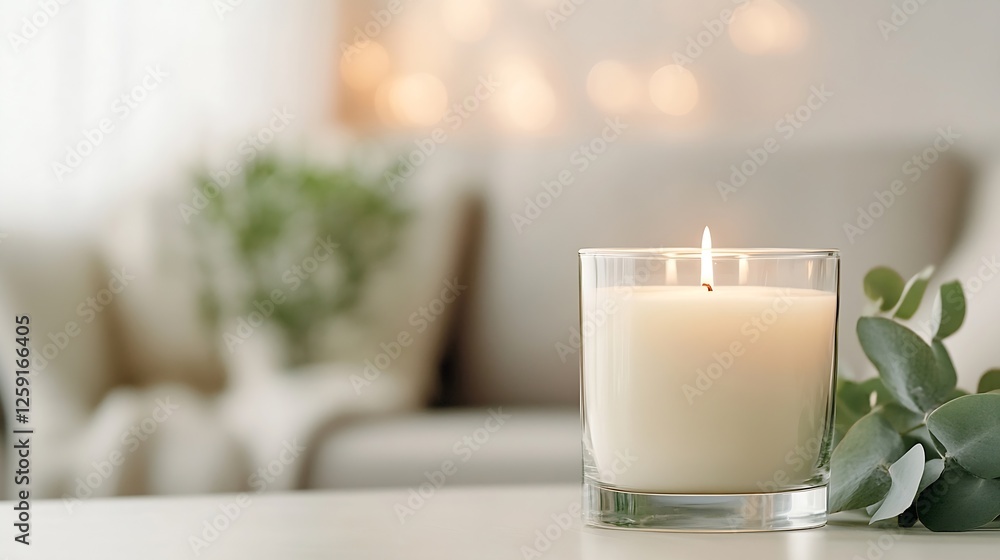 Poster A Relaxing and Bright Home Scene with a Scented Candle on a Table with Soft Light : Generative AI