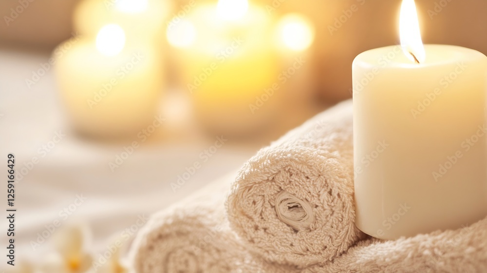 Leinwandbilder relaxing scene with soft towels and glowing candles creating a serene spa atmosphere : generative ai