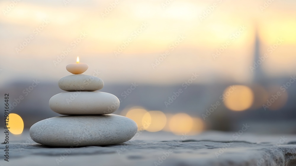 Aufkleber Zen candle and stone stack symbolizing tranquility and relaxation against a soft blurred backdrop : Generative AI