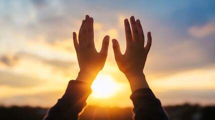 Fototapeta premium Hands Reaching Towards a Bright Sunset Symbolizing Hope and Freedom : Generative AI