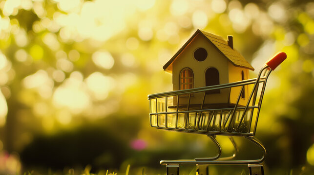 Miniature home in a shopping cart symbolizes modern consumerism and simplicity