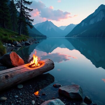 Une bougie allum?e au bord d'un lac aux eaux cristallines, lumi?re, nuit