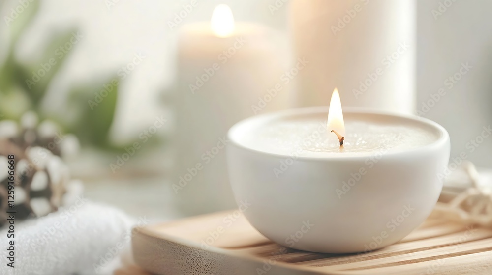 Poster elegant scented candle burning softly in a minimalistic cozy environment : generative ai