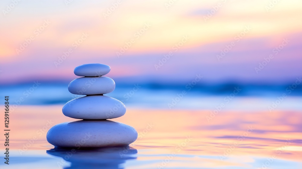 Aufkleber serene stack of smooth stones balanced on the shore at sunset reflecting tranquil colors : generativ