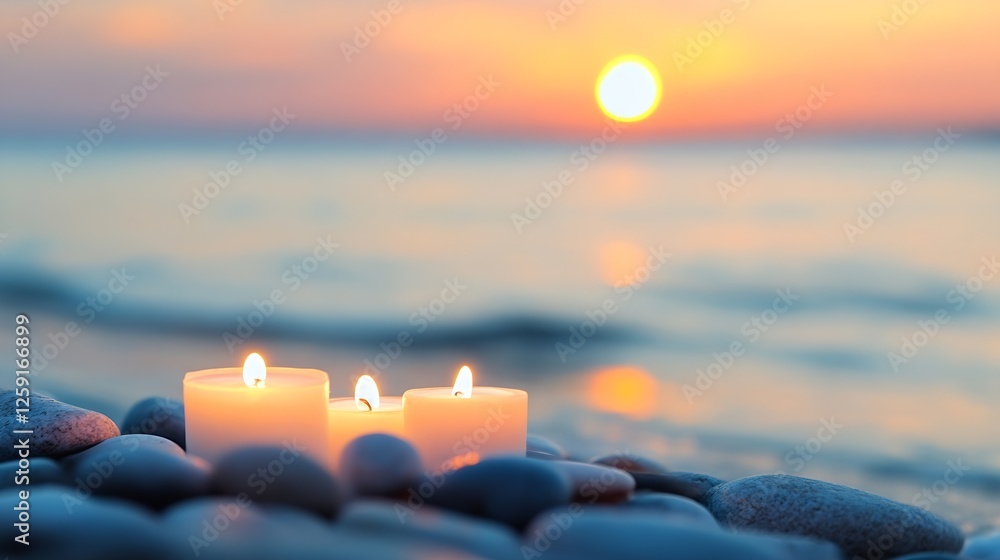 Poster Serene Sunset Beach Scene with Candlelight Creating a Relaxing Atmosphere : Generative AI