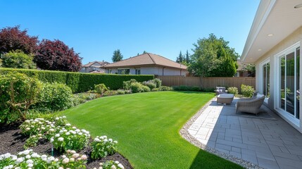 Bright Sunny Day in a Lush Green Backyard with Stone Patio