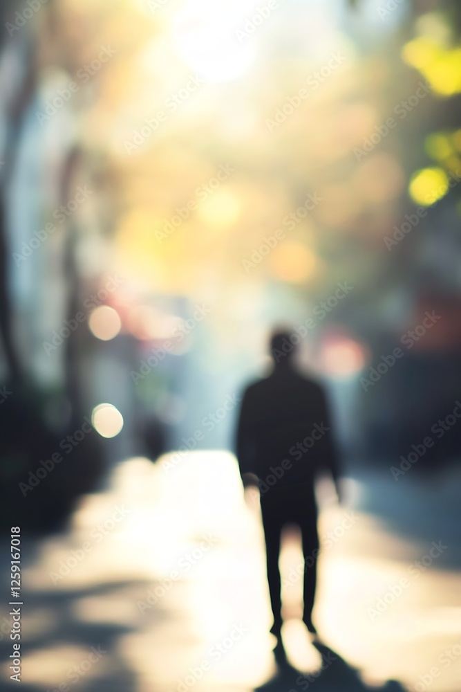 Aufkleber silhouette of a person walking on a sunlit street with a dreamy bokeh background : generative ai