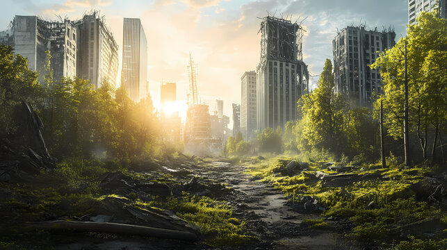 A serene forest occupies the forefront, while in the background, the remnants of a city destroyed in an apocalypse can be seen. Serene Apocalypse. Illustration