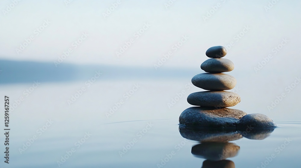 Poster calm and serene stacked pebbles on tranquil water surface in soft morning light : generative ai