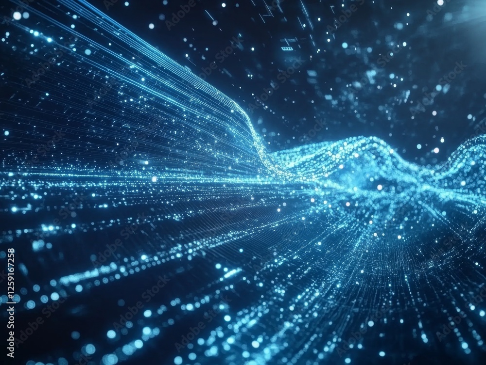 Poster abstract digital tunnel, glowing particles, dark background, data flow, possible use in technology p