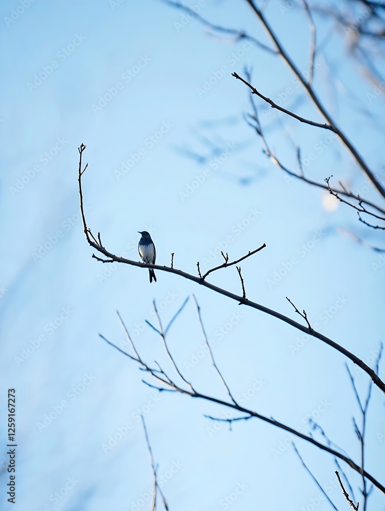 Poster serene blue sky with a bird perched on a leafless branch in a calm nature scene : generative ai