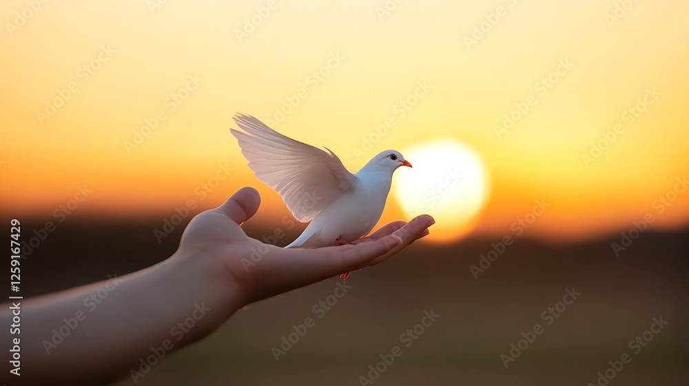 Poster dove in hand with open wings against a beautiful sunset background symbolizing peace : generative ai