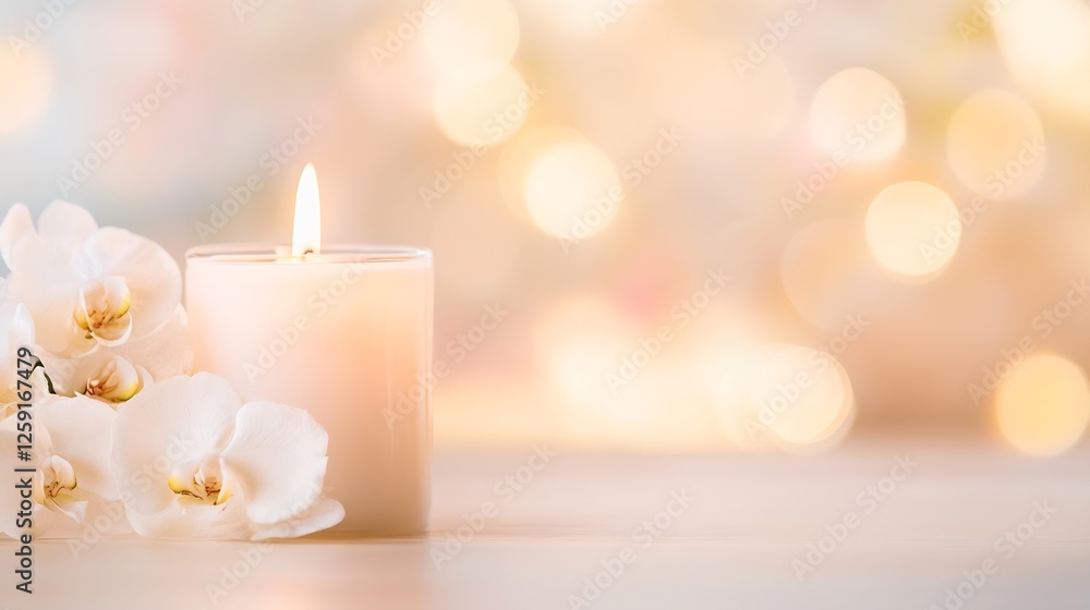 Aufkleber Calming white candle with soft bokeh background featuring beautiful orchids for relaxation mood : Generative AI