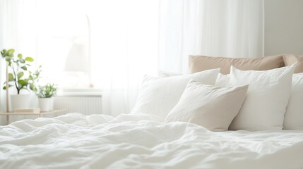 Obraz premium Cozy and inviting bedroom interior featuring soft bedding and natural light from spacious windows : Generative AI