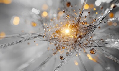 Abstract explosion of crystals, glowing light, grey background, digital art, science concept