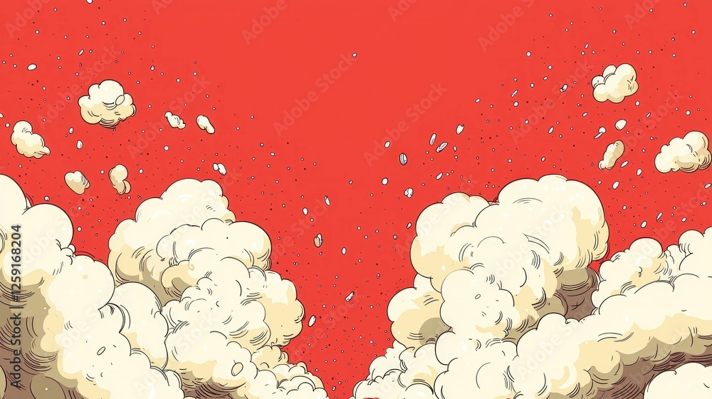 Poster vibrant red background with fluffy white clouds creatively illustrating a joyful and energetic ambia