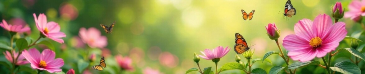 Vibrant flowers swaying gently in the breeze with fluttering butterflies, foliage, garden feature