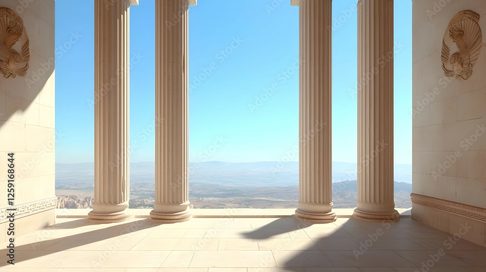 Poster classical temple columns with panoramic landscape view