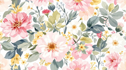 Obraz premium Vibrant Floral Pattern with Pink, Yellow, and White Flowers and Green Leaves