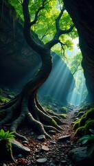 Fototapeta premium Twisted tree roots with dark, leafy growth in a dimly lit cave, lit, twisted, cave