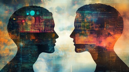 Digital silhouette faces with abstract technology overlay