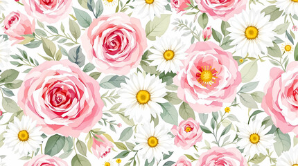 Vibrant Floral Pattern with Pink, Yellow, and White Flowers and Green Leaves