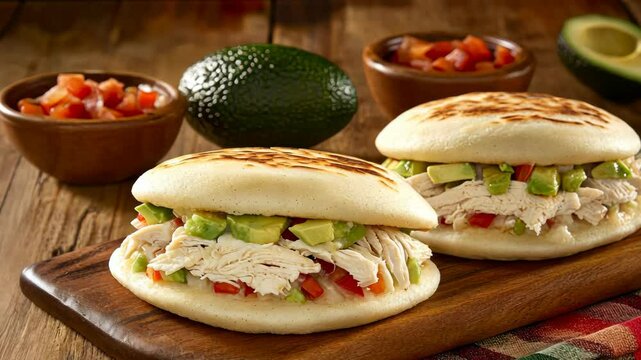 Delicious arepas filled with shredded chicken and fresh vegetables on a wooden board with avocado