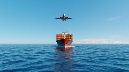 Cargo Ship and Airplane over Ocean