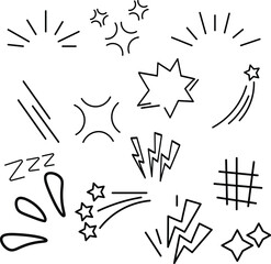 Set of black hand drawn anime manga doodle grunge line elements curved charcoal, chalk arrows, speech bubble, abstract shapes, graphic effects for character emotion. Scribble stroke symbols vector