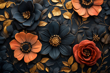 Fototapeta premium red and golden roses on a black background. dark mood background.